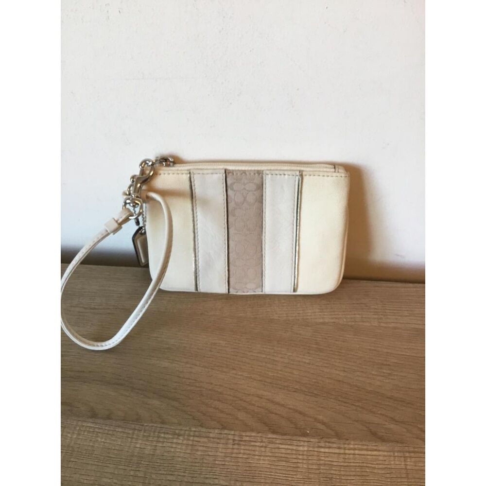 Coach Vintage Signature Cream, White & Tan Striped Wristlet - EUC